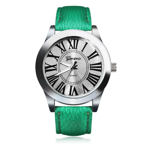 PU Leather Roman Number Silver Round Women Wrist Watch