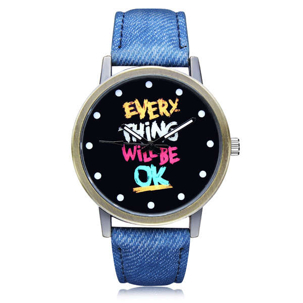Every Thing OK Blue PU Leather Big Dial Women Wrist Quartz Watch