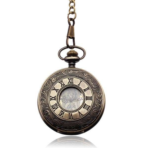 Vintage Bronze Romen Mechanical Round Chain Men Women Pocket Watch