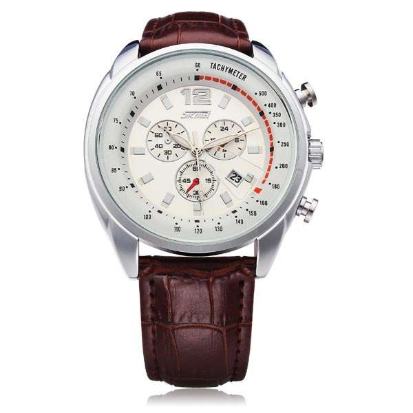 SKMEI 6852 Black White PU Leather Date Number Men Wrist Quartz Watch