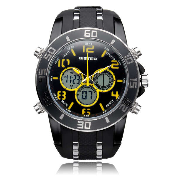 BISTEC 11936 Big Black Dual 3 Dial Rubber Number Back Light Men Watch #Perfect Timing