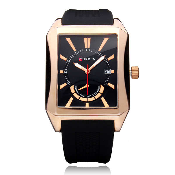 Curren 8144 Rectangle Dial Date Black Rubber Men Quartz Wrist Watch