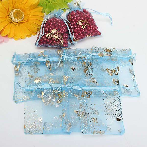 100pcs Blue Butterfly Drawstring Organza Gift Candy Jewelry Pouch Bag