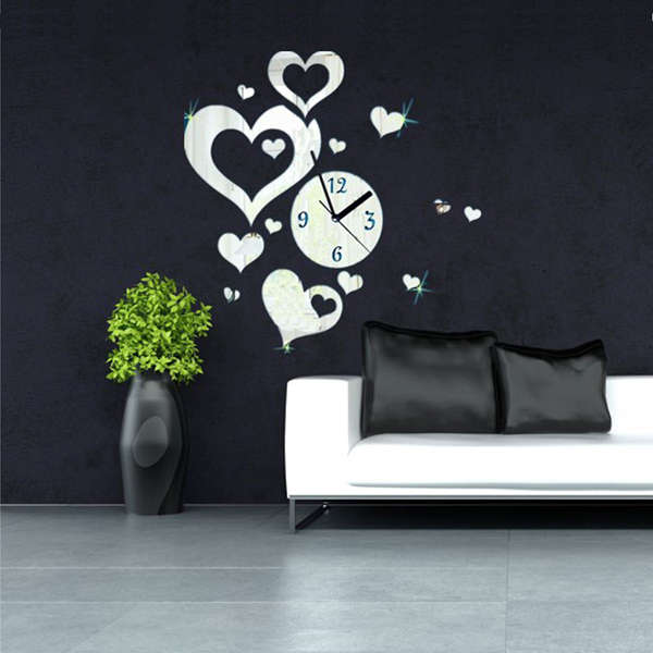 3D DIY Acrylic Love Heart Clock Mirror Wall Sticker Modern  Home Decor