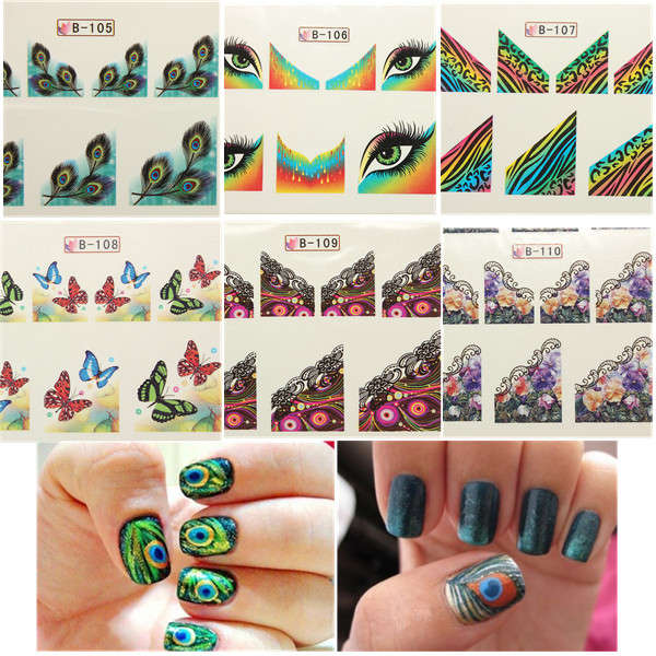 10X Peacock Feathers Butterfly Nail Art Sticker Tips 6 Style