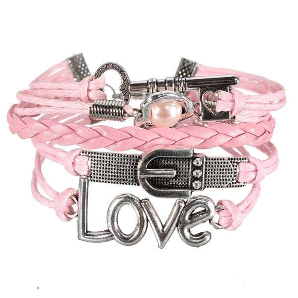 Infinity Heart Pearl Love Key Leather Charm Multilayer Bracelet