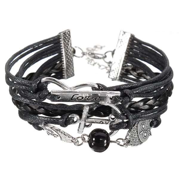 Vintage Owl Love Infinity Anchor Multilayer Leather Charm Bracelet