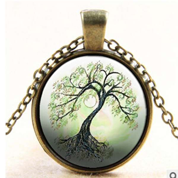 Tree Glass Cabochon Necklace Bronze Chain Pendant Necklace