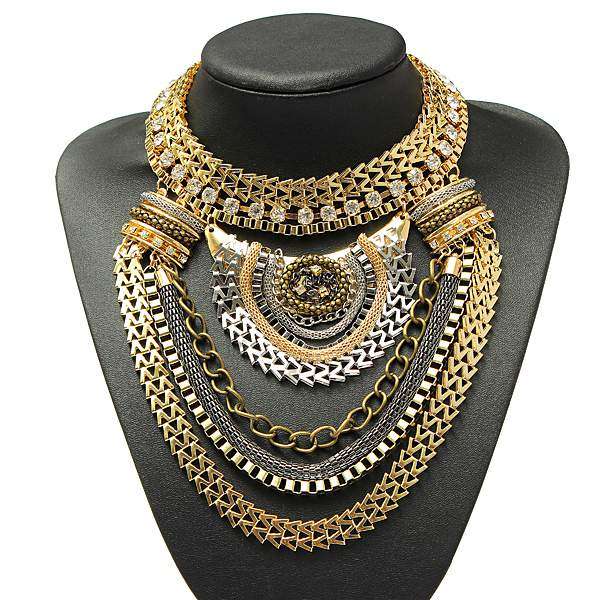 Vintage Gold Silver Crystal Multilayer Bib Statement Collar Necklace