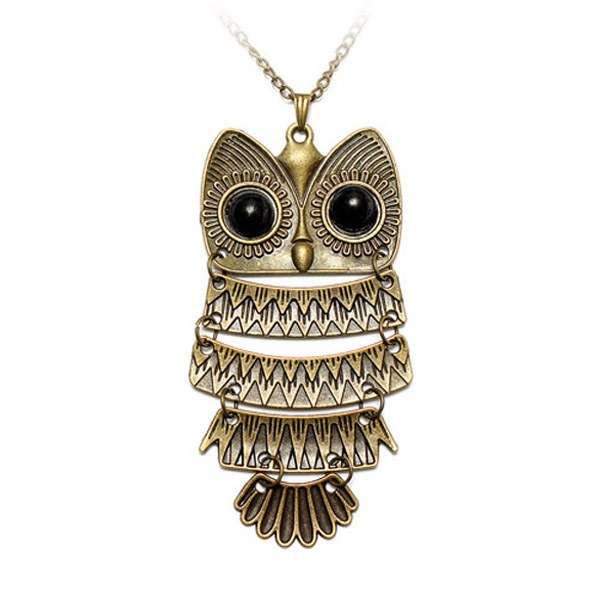 Vintage Antique Silver Bronze Owl Pendant Sweater Necklace Women