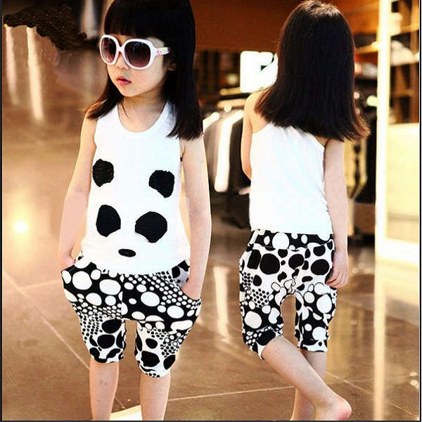 Summer Girls Baby Kids Cartoon Cotton Panda Vest Pants Clothing Set