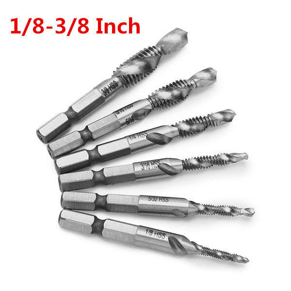 6pcs 1/8-3/8 Inch HSS Combination Drill Tap Bit Set 1/4 Inch Hex Shank Deburr Countersink Bits