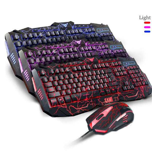 YOUXIANG V100 3 color USB Wired Crack LED Backlit Multimedia Gaming Keyboard with Mouse Set