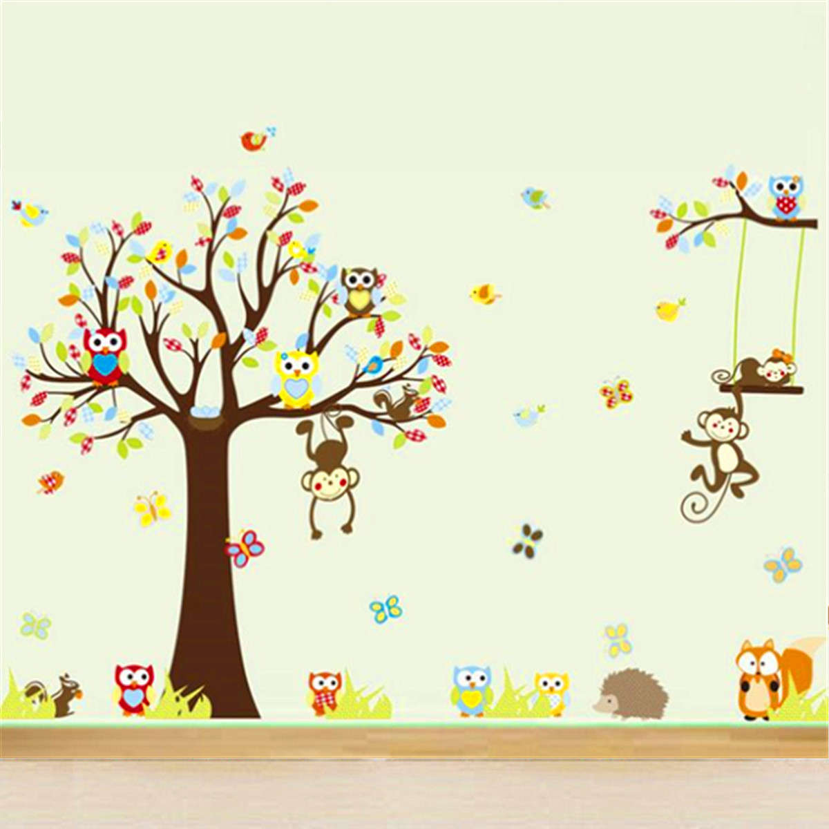 4 Pcs Set Large Monkey Owl Tree Wall Stickers Jungle Animal Decal Home Decor Kids Nursery Art