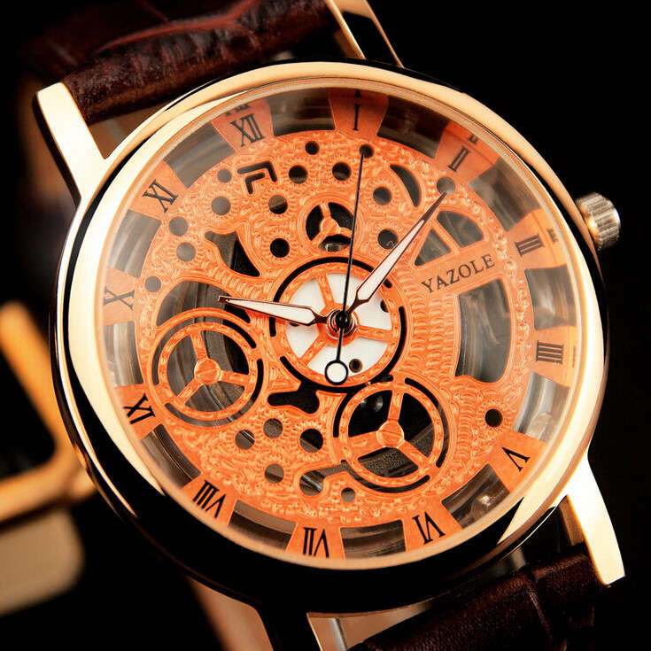YAZOLE 321 Skeleton Dial PU Leather Band Analog Quartz Men Wrist Watch