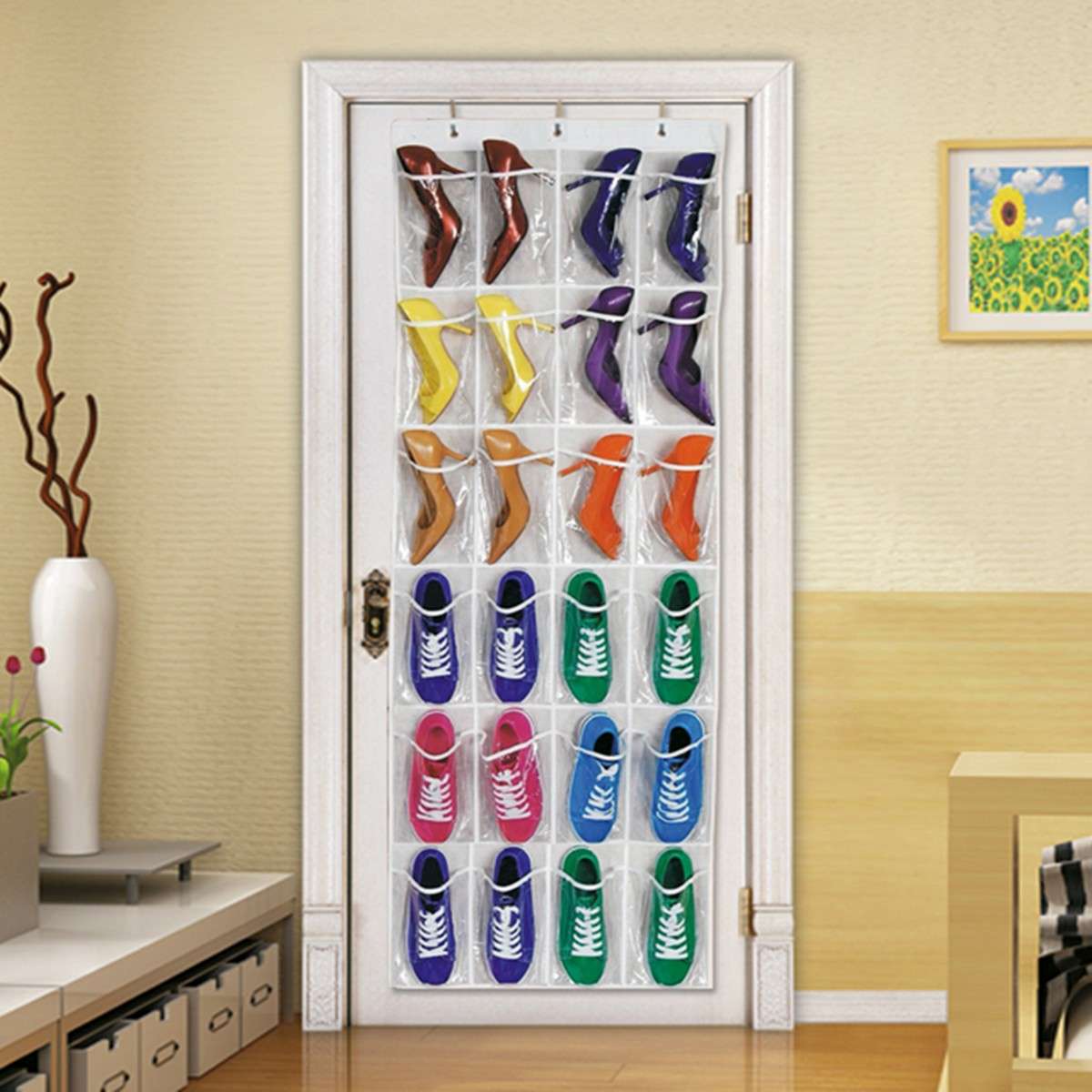 24Pocket Hanging Over Door Stainless Steel Holder Shoes Nonwoven Fabric Organizer Storage Door Wall