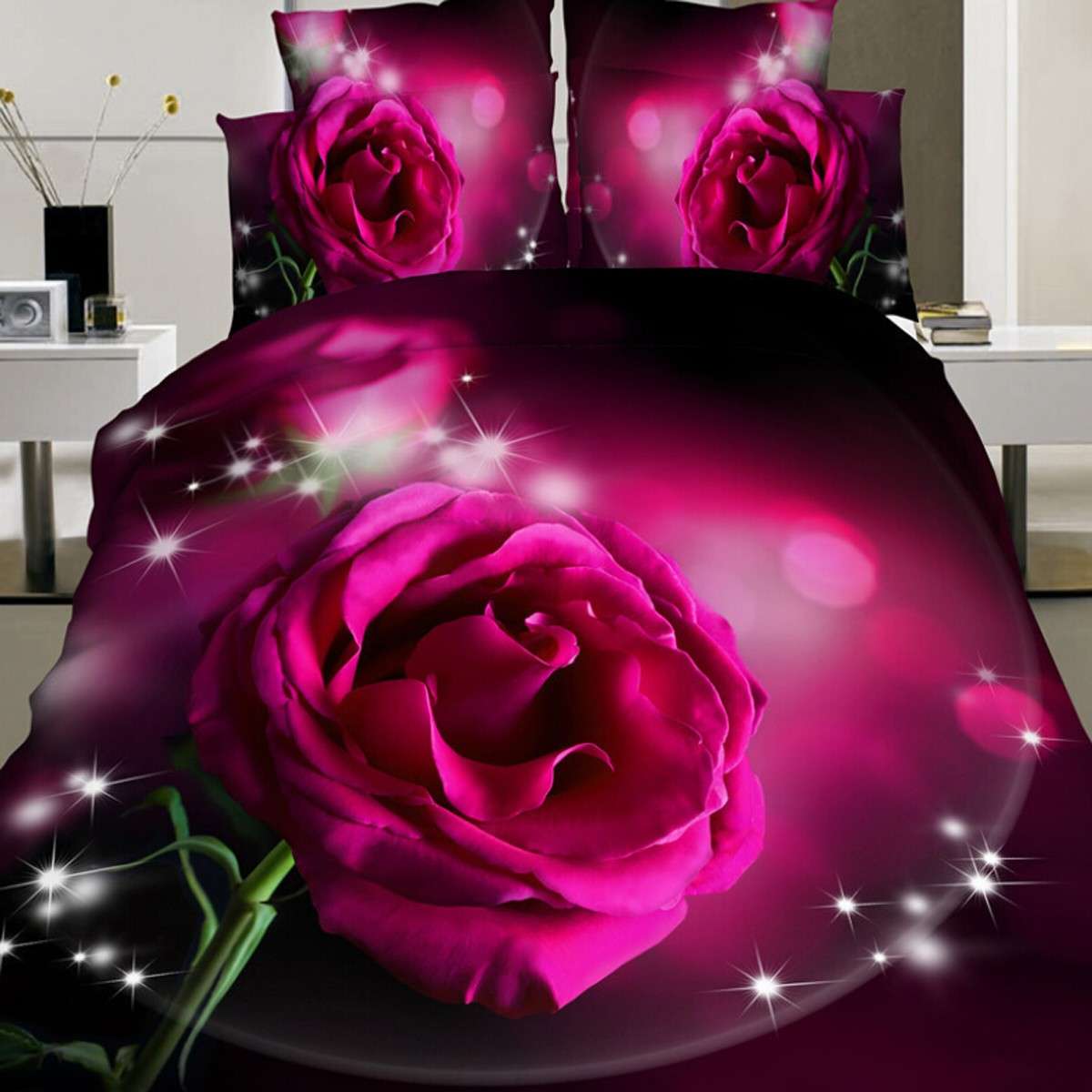 4pcs Suit Polyester Fiber Red Rose Flower Reactive Dyeing Bedding Sets Queen King Size