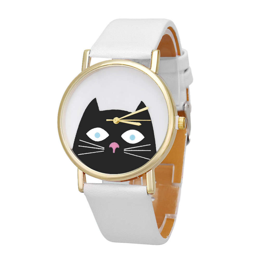 Cute Cat Gold Color Case PU Leather Band Men Women Analog Quartz Watch