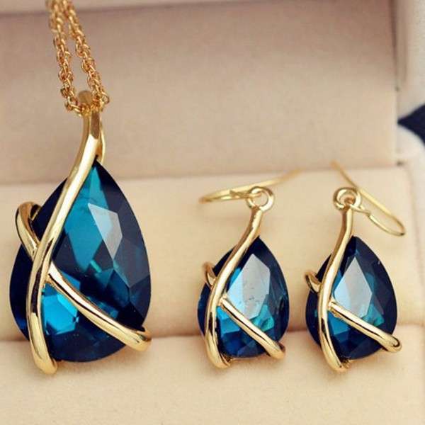 Crystal Water Drop Necklace Earrings Jewelry Set For Women