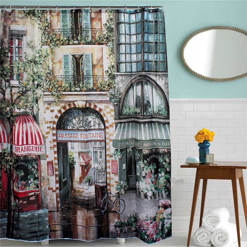 180x200cm Vintage Old Street Waterproof Shower Curtain Bath Curtain with 12 Hooks
