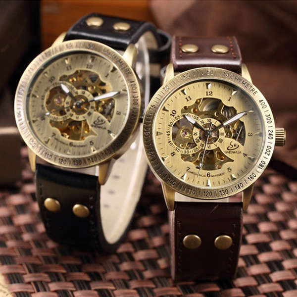 Vintage Automatic Mechanical Hollow PU Leather Band Watch