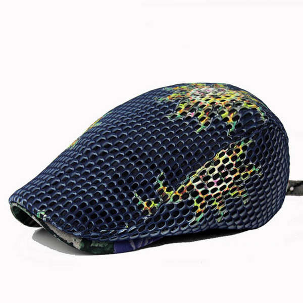 Unisex Women Men Cotton Mesh Hole Flower Printed Newsboy Beret Cap Flat Buckle Cowboy Cabbie Hat