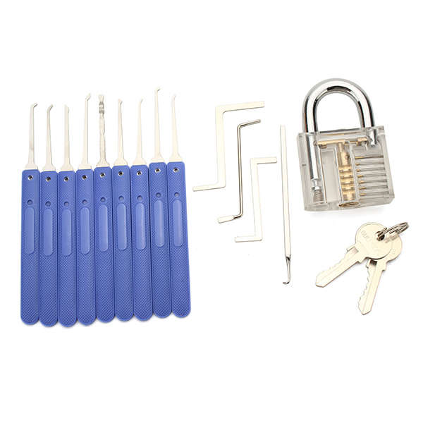9pcs Blue Handle Unlocking Lock Pick Set Key Extractor Tool with Transparent Practice Padlocks