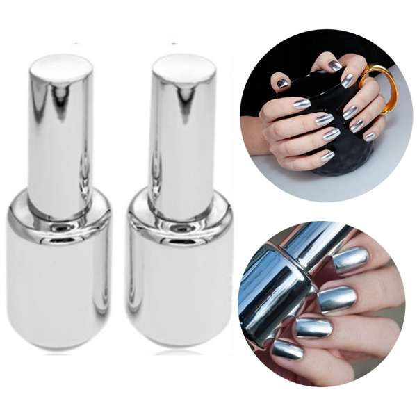 15ML Metallic Mirror Effect Metal Silver Nail Art Polish Varnish & 15ML Top Coat