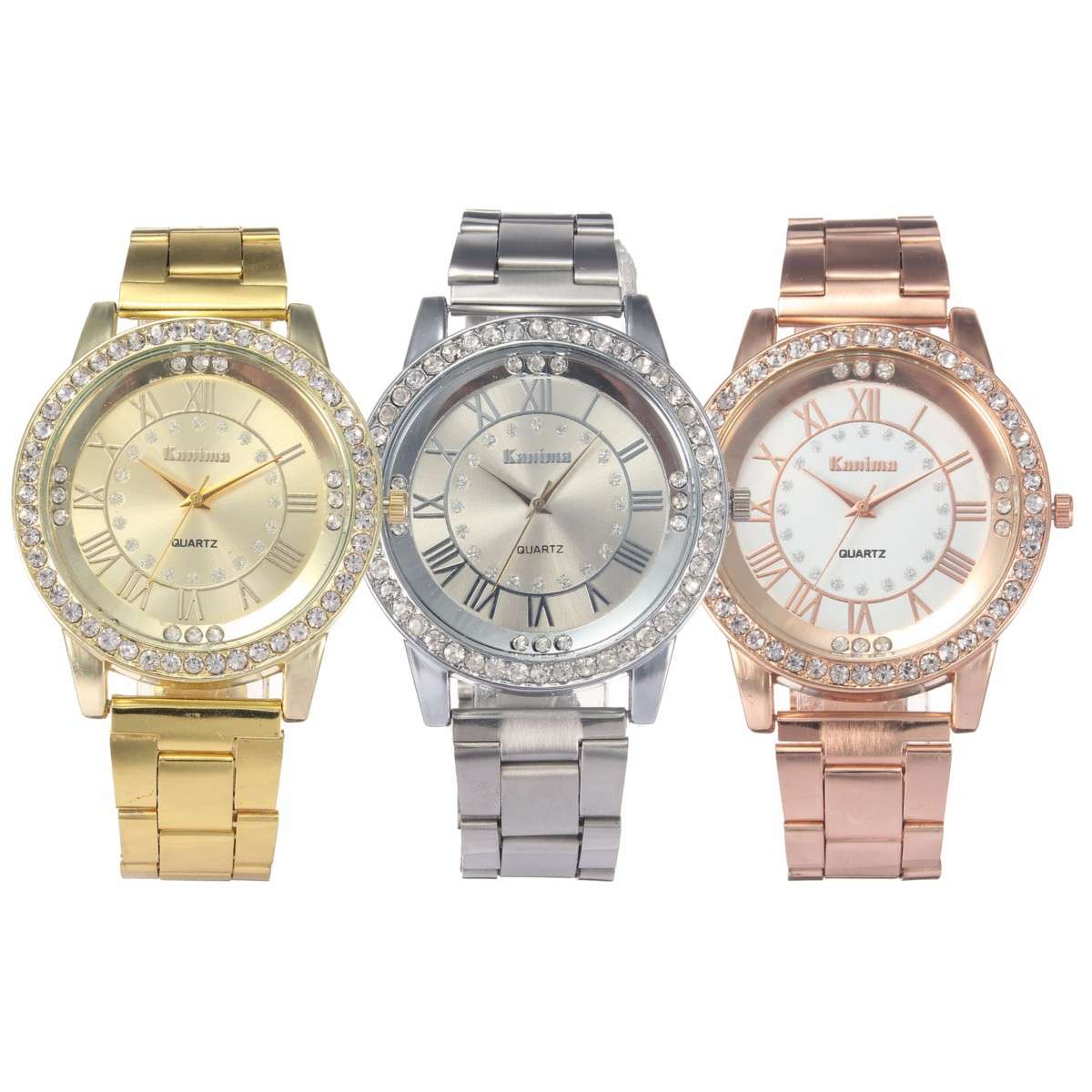 Crystal  Roman Number Stainless Steel Band Wristwatch Analog Quartz Wrist Watch