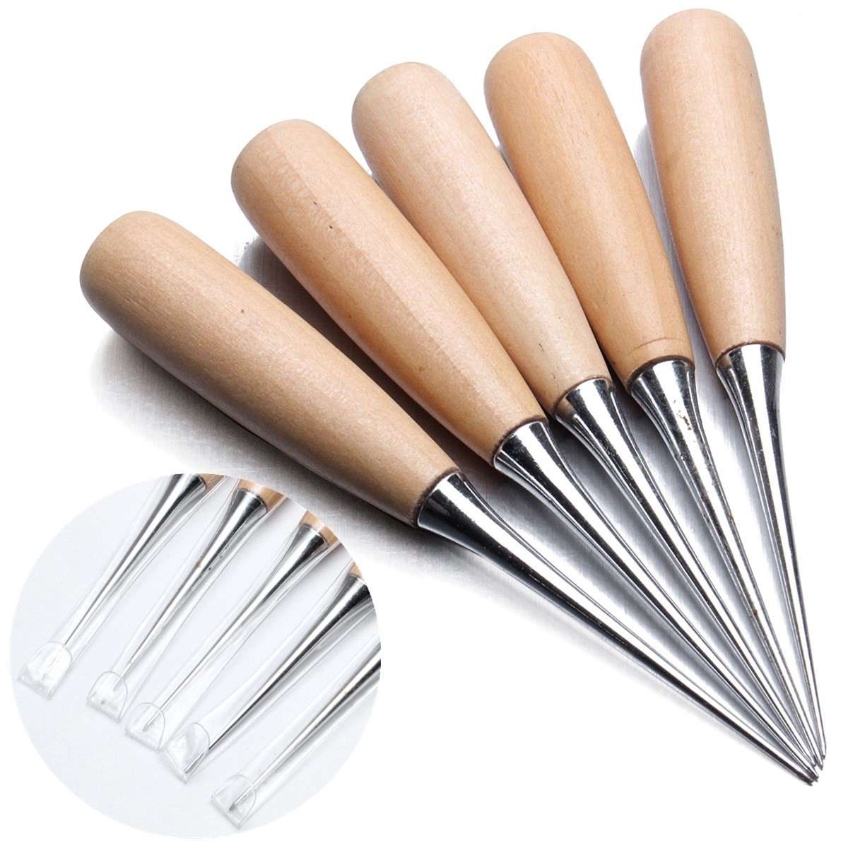 5pcs Wood Handle Leather Craft Stitching Awl Sewing Leather Tool