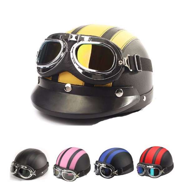 ECE Motorcycle Half Open Face Leather Helmet With Sun Visor Goggles