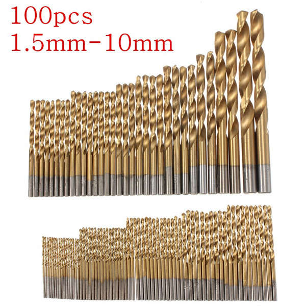 100pcs 1.5mm - 10mm Titanium Coated Drill Bit Set High Speed Steel Manual Twist Drill Bits