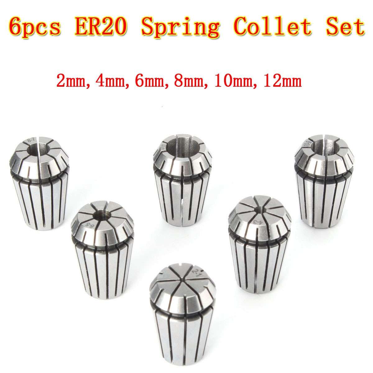 6pcs ER20 Chuck Collet 2mm to 12mm Spring Collet Set For CNC Milling Lathe Tool