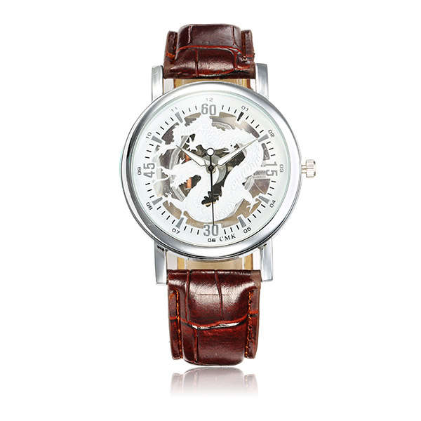 Gragon Pattern Hollow Dial Brown Black PU Leather Business Watch