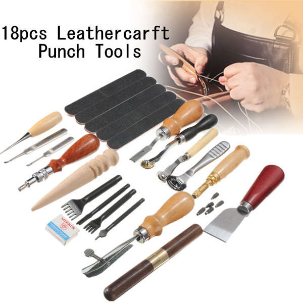 18pcs Leathercarft Punch Tools Kit Stitching Carving Working Sewing Groover