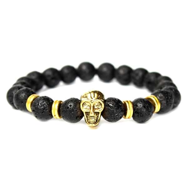 Gold Skull Head Lava Rock Stone Beads Elastic Bracelet For Men