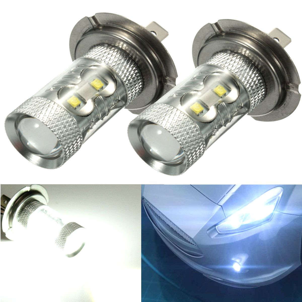 Pair 12V 50W H7 499 LED Daytime Projector Head light Fog Light Bulb White Beam 6000K