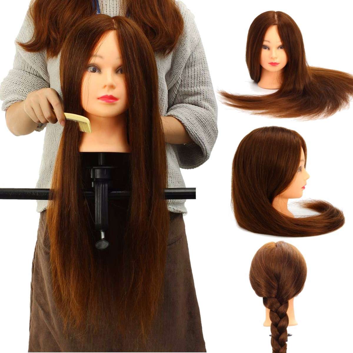 100% Real Human Hair Mannequin Head Salon Hairdressing Training Model Clamp Holder
