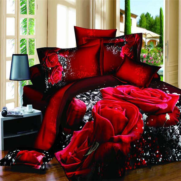 4pcs Suit Cotton 3D Big Red Rose Reactive Dyeing Bedding Sets Queen King Size Duvet Cover