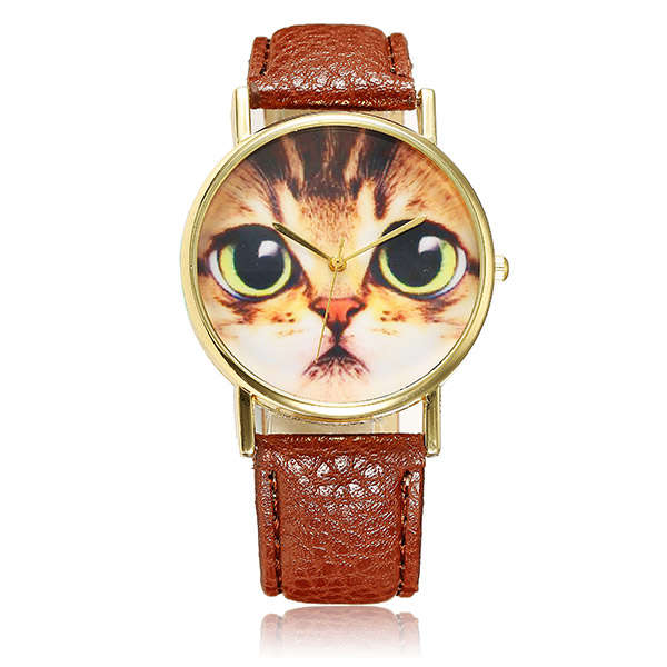 Cute Big Eye Cat Pattern PU Leather Band Analog Quartz Wrist Watch