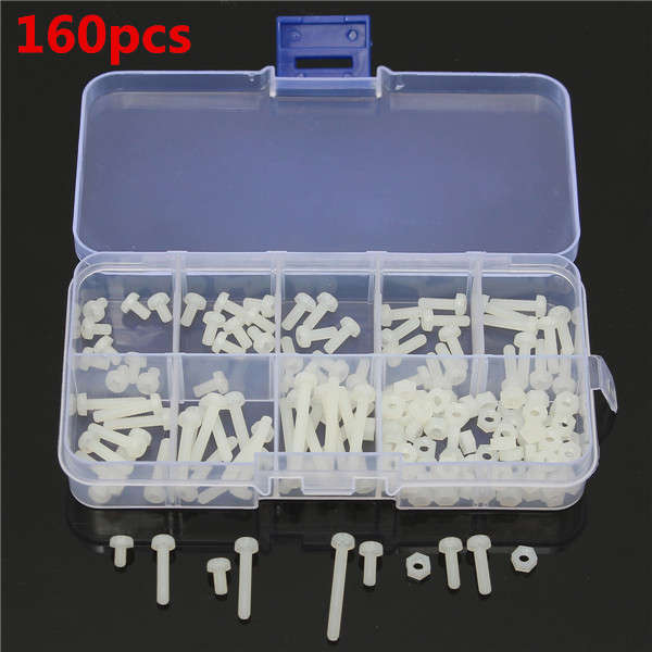 160pcs M3 White Nylon Screws 8 Sizes Assortment Stand-off Bolt & Nuts Kit
