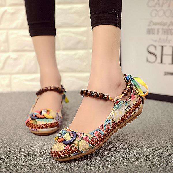SOCOFY Women Casual Flats Lace Up Beading Round Toe Colorful Comfortable Flats Loafers Shoes