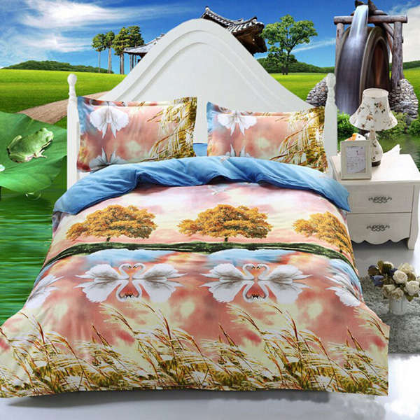 3 Or 4pcs 3D Swan Lake Reactive Dyeing Polyester Fiber Bedding Sets Twin Queen Size