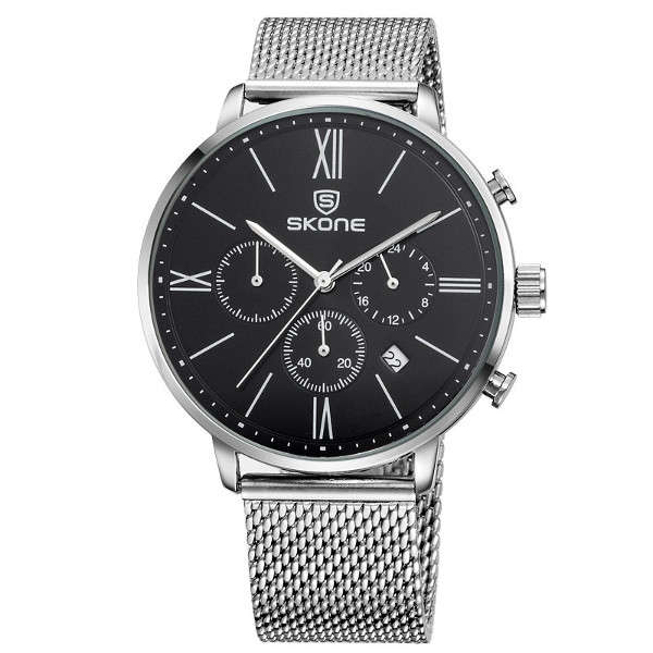 SKONE 7391EG Stainless Steel Mesh Band 24 Hours Chronograph Analog Quartz Watch