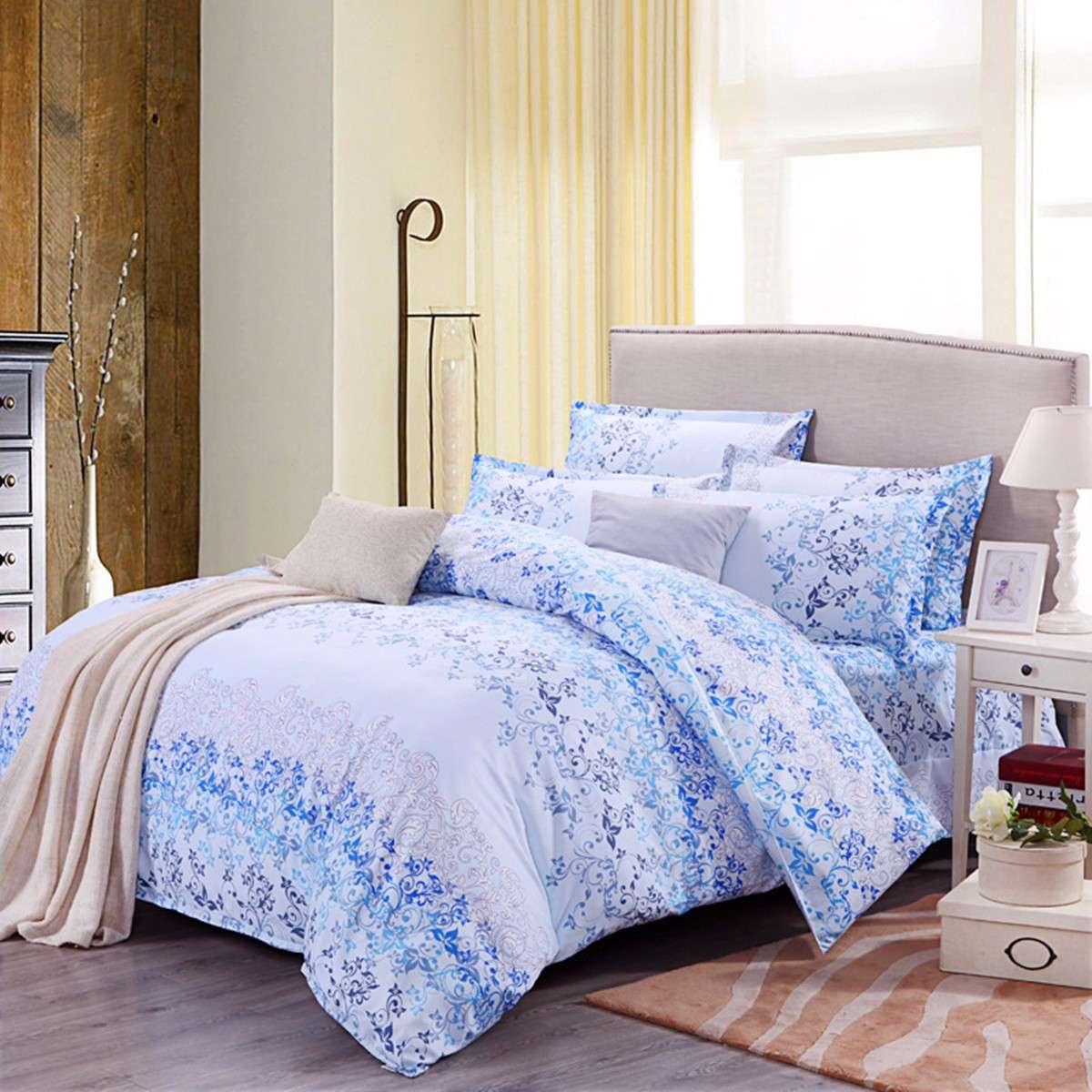 3 or 4pcs Suit Blue Flowers Reactive Dyeing Polyester Fiber Bedding Sets Twin full Queen Size
