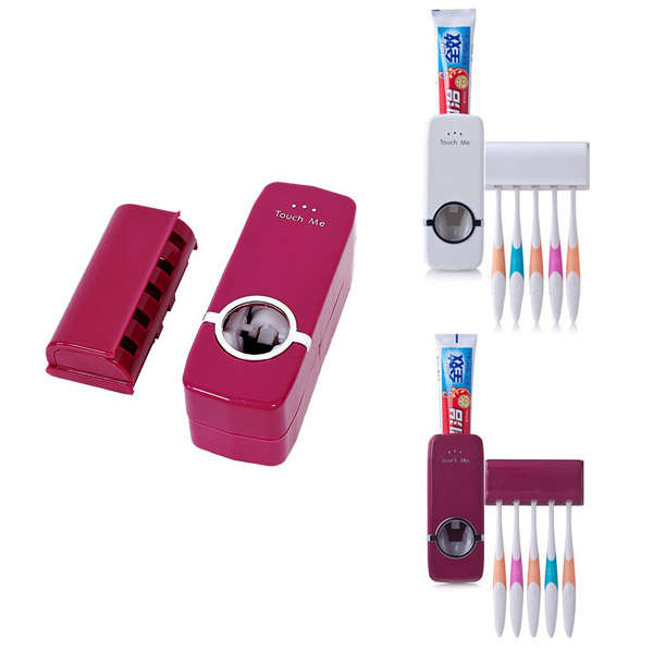 Wall Mounted Automatic Toothpaste Dispenser With Five Toothbrush Holder Set Bathroom Family Sets