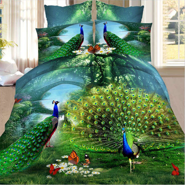 4pcs Suit Polyester Fiber 3D Peacock Reactive Dyeing Bedding Sets Queen King Size Duvet Cover