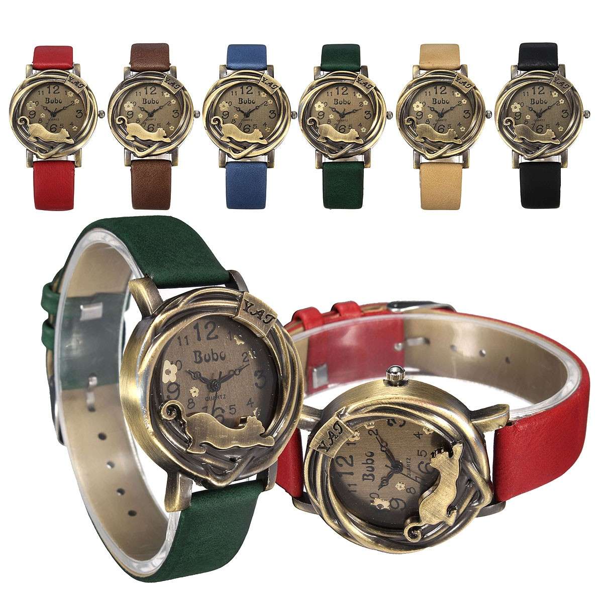 Casual Round Cat Dial PU Leather Band Analog Quartz Wrist Watch