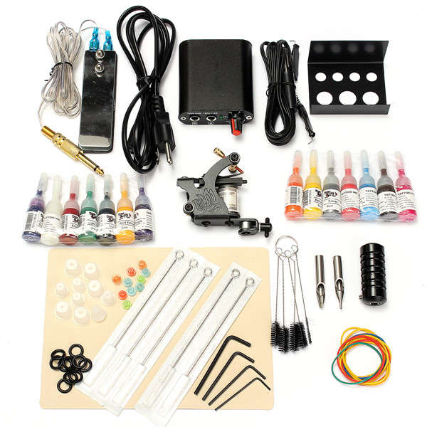 90-264V Professional Complete Equipment Tattoo Machine Gun 14Color Inks Power Supply Cord Kit