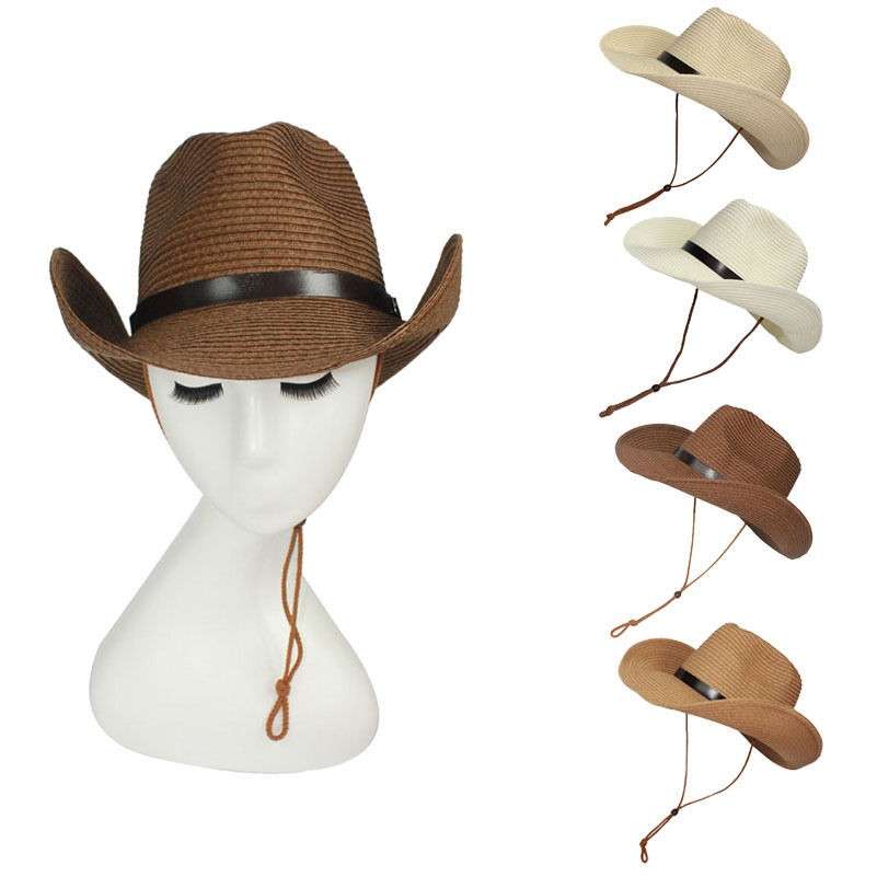 Unisex Straw Floppy Wide Brim Sun Hat Cowboy Cap Fedora Beach Belt Panama Hats With String